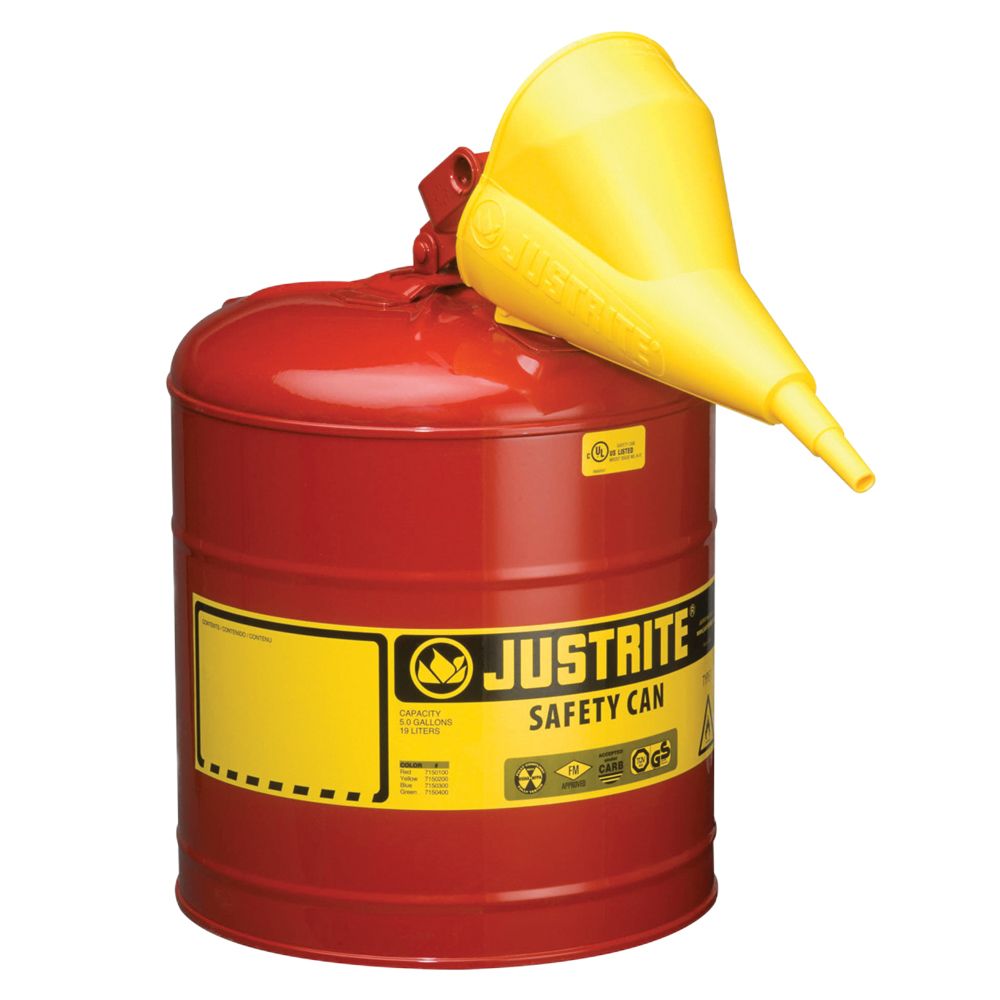 Justrite 5 Gallon Type I Steel Safety Gas Can w/Funnel (Red)