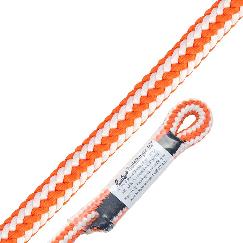 Teufelberger 1/2" Braided Safety Blue Hi-Vee 16-Strand Climbing Rope (150' Hank with Sewn Tight Eye)