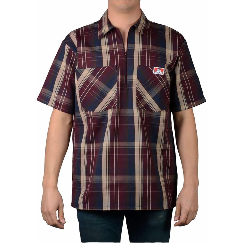 Ben Davis 1/2 Zip Short Sleeve Plaid Shirt Burgundy