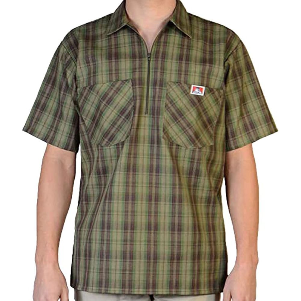 Ben Davis 1/2 Zip Plaid Short Sleeved Shirt Olive 3X-Large (138)