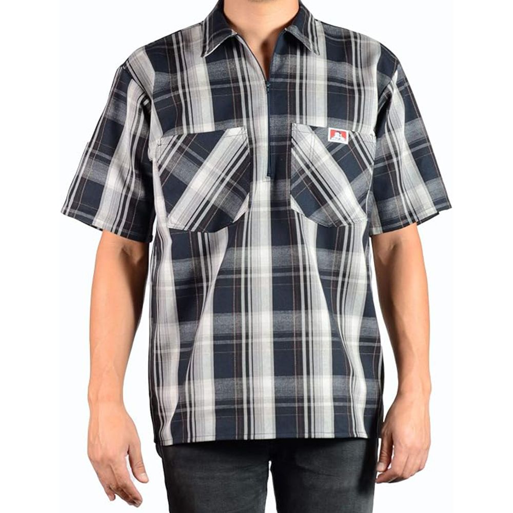 Ben Davis 1/2 Zip Plaid Short Sleeved Shirt Navy/Grey (133)