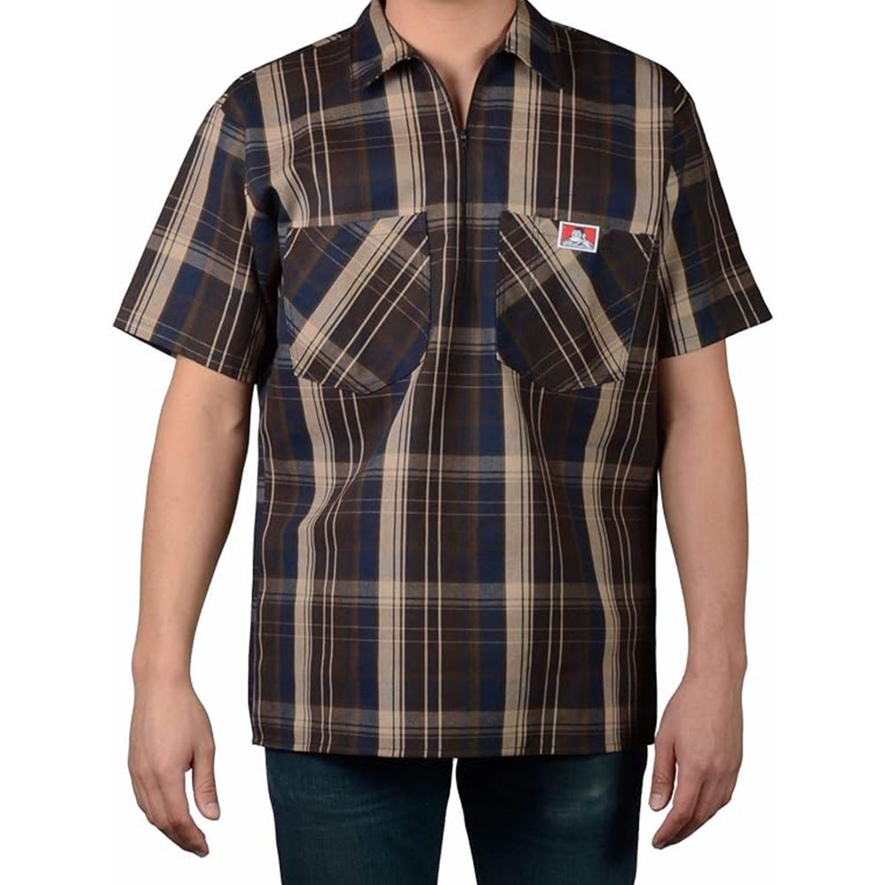 Ben Davis 1/2 Zip Short Sleeve Plaid Shirt