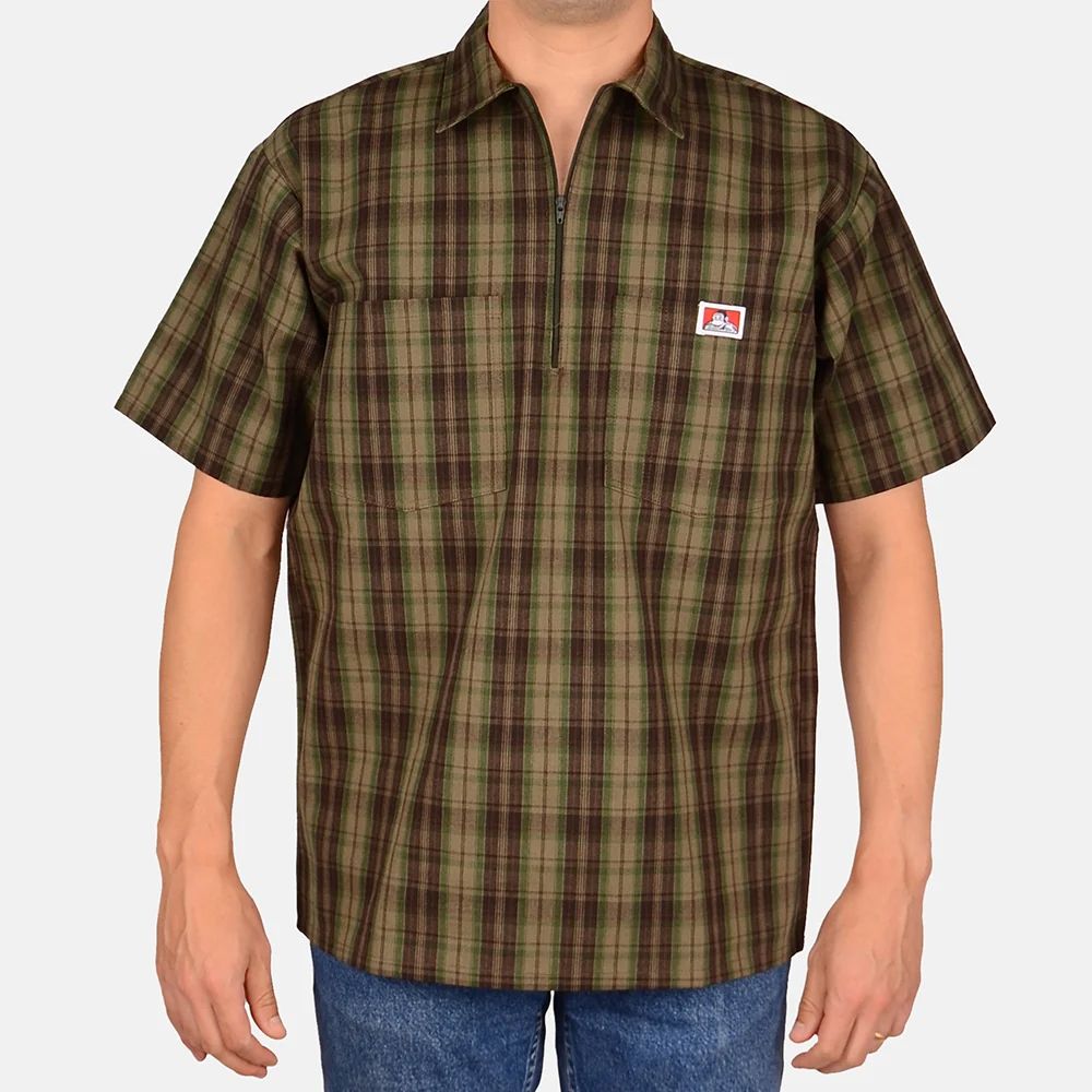 Ben Davis 1/2 Zip Plaid Short Sleeved Shirt Olive 3X-Large (138)