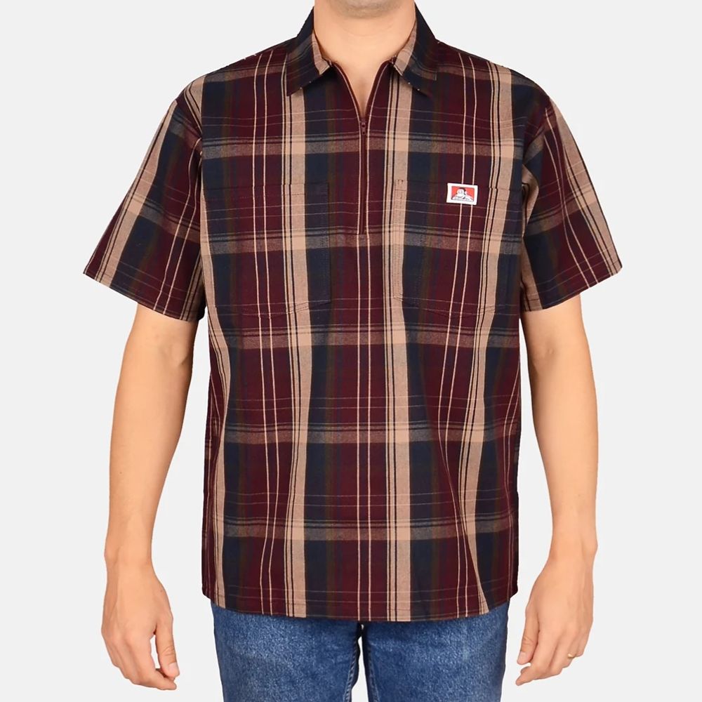 Ben Davis 1/2 Zip Short Sleeve Plaid Shirt Burgundy