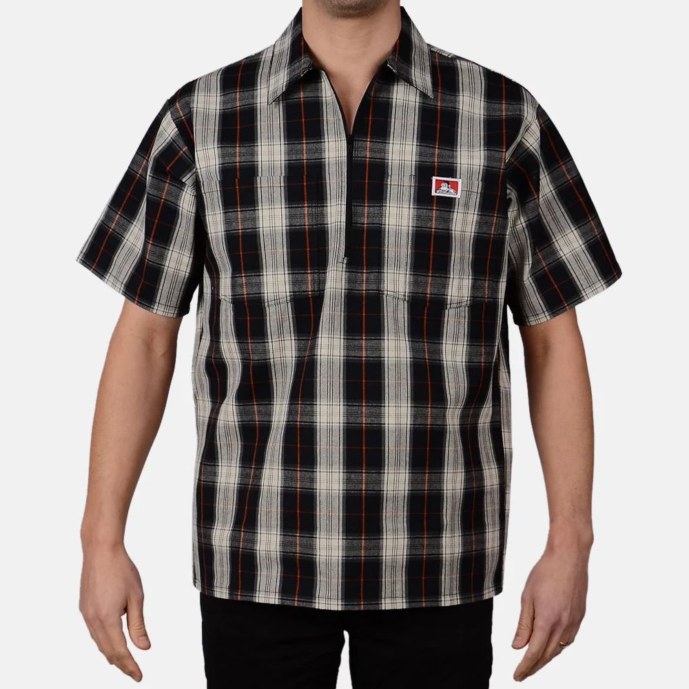 Ben Davis 1/2 Zip, Short Sleeve Plaid Shirt  (2X) Black/Cream
