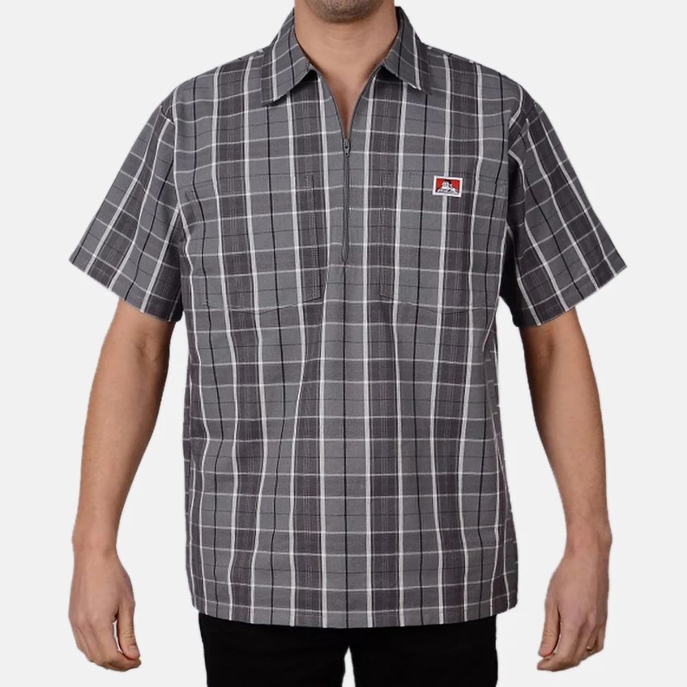 Ben Davis 1/2 Zip Short Sleeved Plaid Shirt (2X) Grey/Black