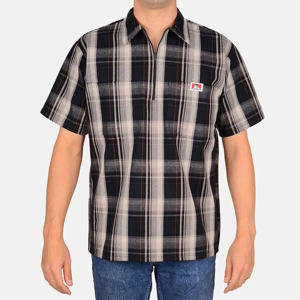 Ben Davis 1/2 Zip Short Sleeve Plaid Shirt (2X) Navy/Grey