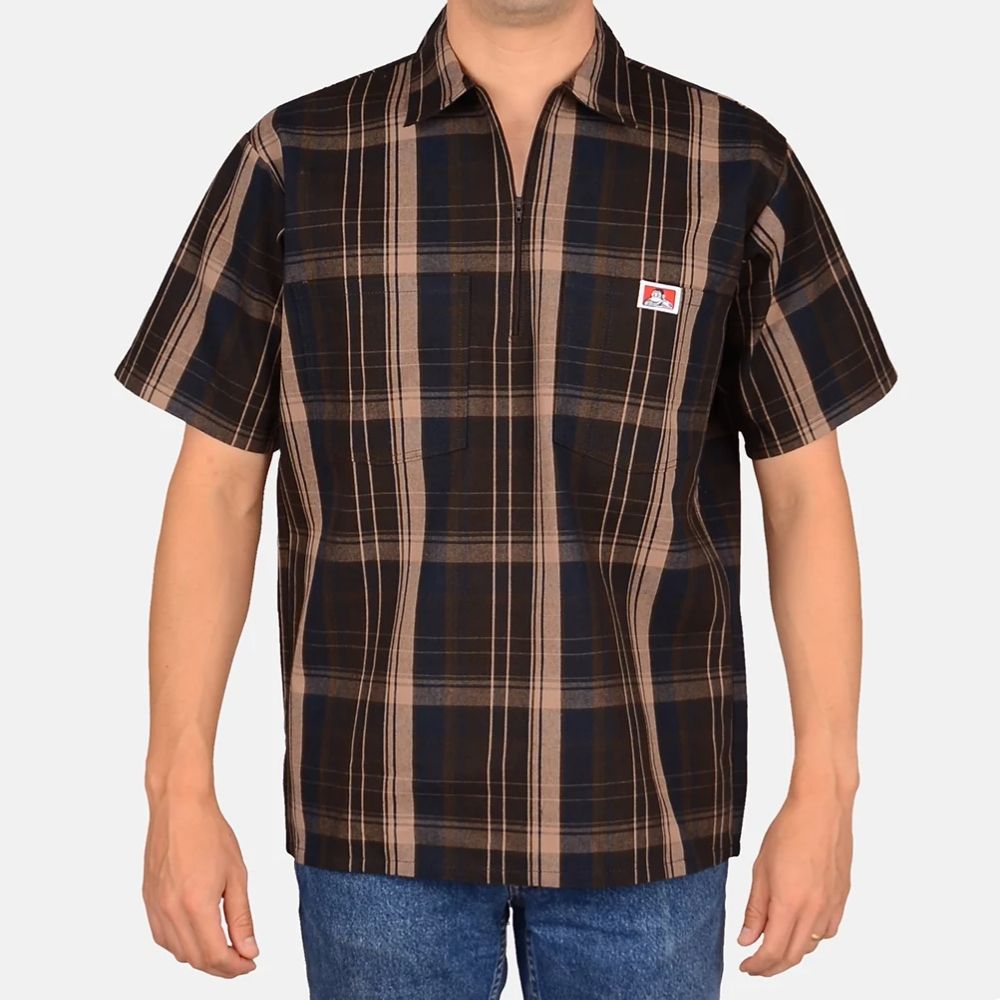 Ben Davis 1/2 Zip Short Sleeve Plaid Shirt