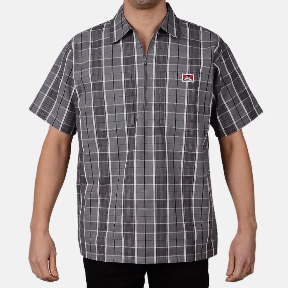 Ben Davis 1/2 Zip Short Sleeve Plaid Shirt (LG) Grey/Black