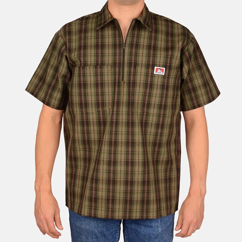 Ben Davis 1/2 Zip Plaid Short Sleeved Shirt Olive X-Large (138)